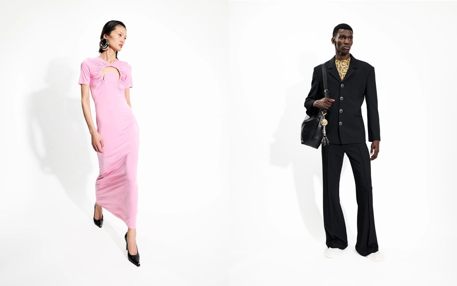 Deux personnes sur fond blanc : robe rose longue à découpe ronde, et costume noir, chemise dorée, sac noir.
